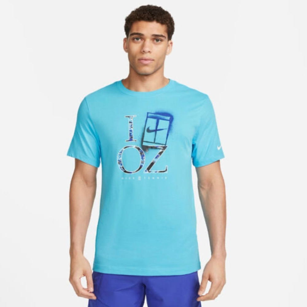 Nike Men’s Size XL Blue Turquoise Dri Fit Graphic Tennis I Nike OZ Tee T-Shirt